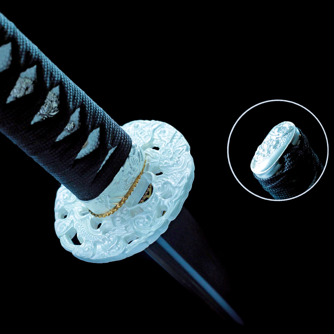 Real Japanese Katana Sword – Handmade Black T10 Steel Blade – White Scabbard