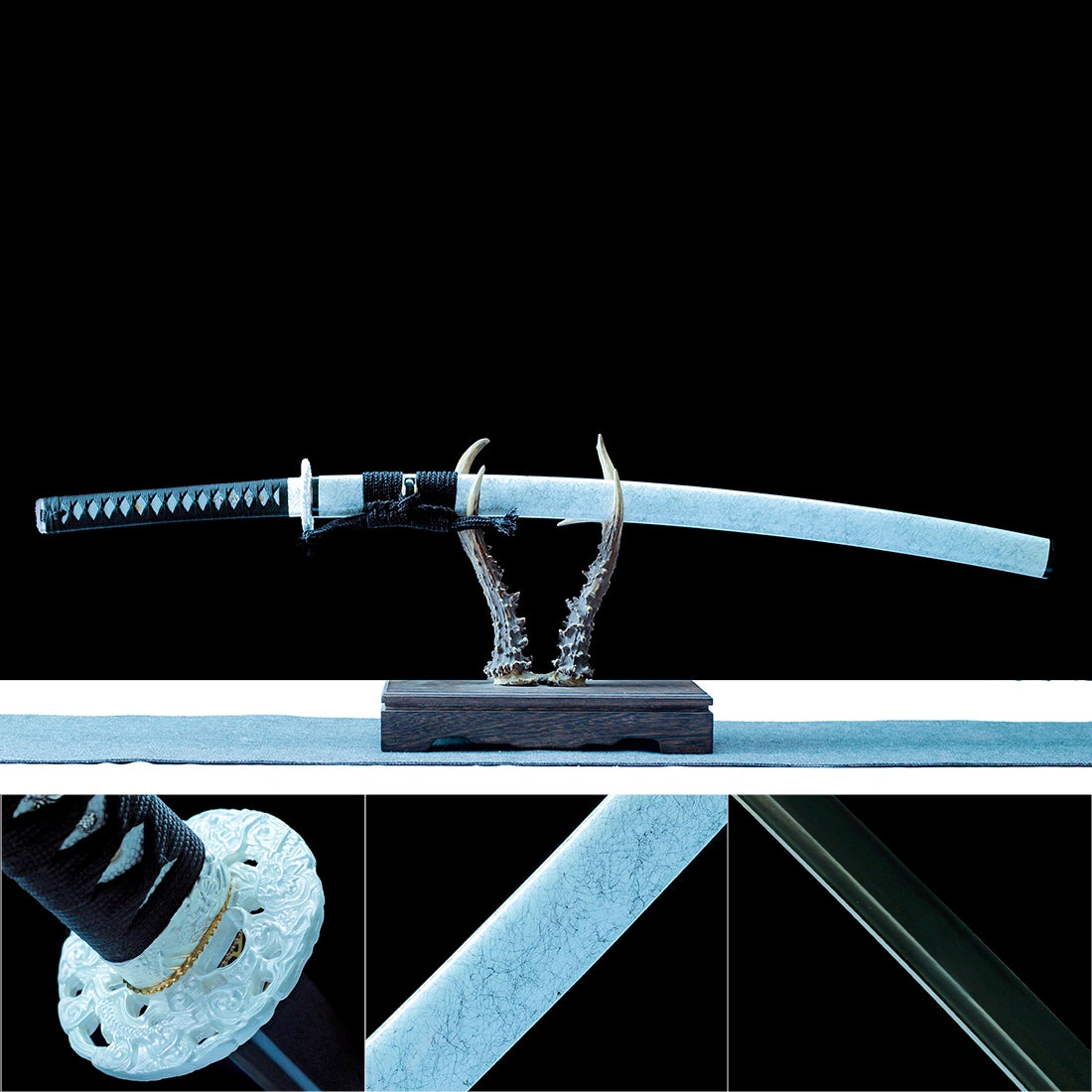 Real Japanese Katana Sword – Handmade Black T10 Steel Blade – White Scabbard