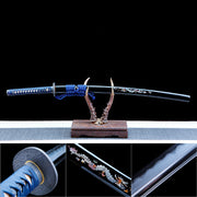 Authentic Japanese Katana Sword – Handmade Damascus Pattern Steel Blade – Black Scabbard