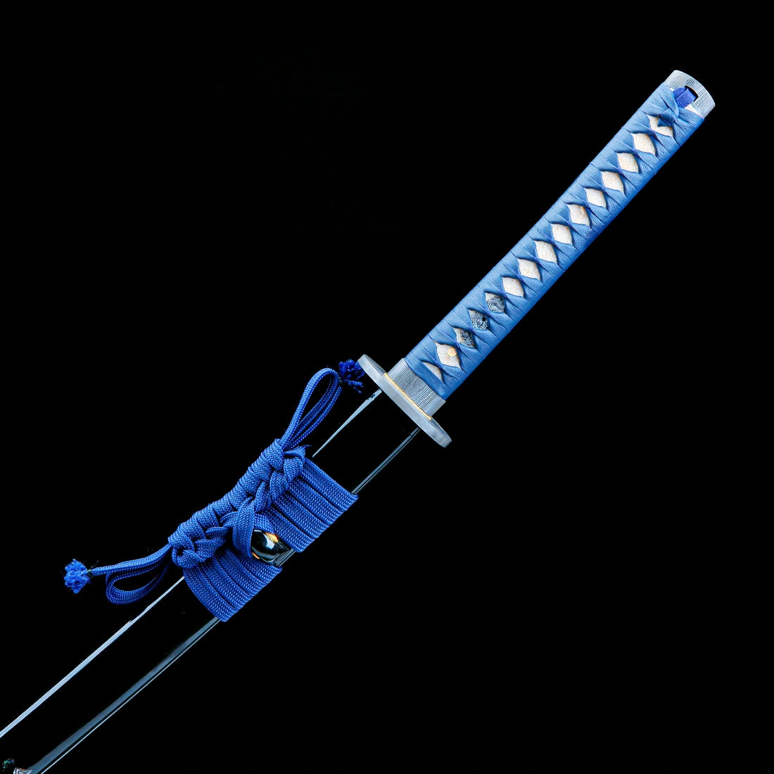 Authentic Japanese Katana Sword – Handmade Damascus Pattern Steel Blade – Black Scabbard