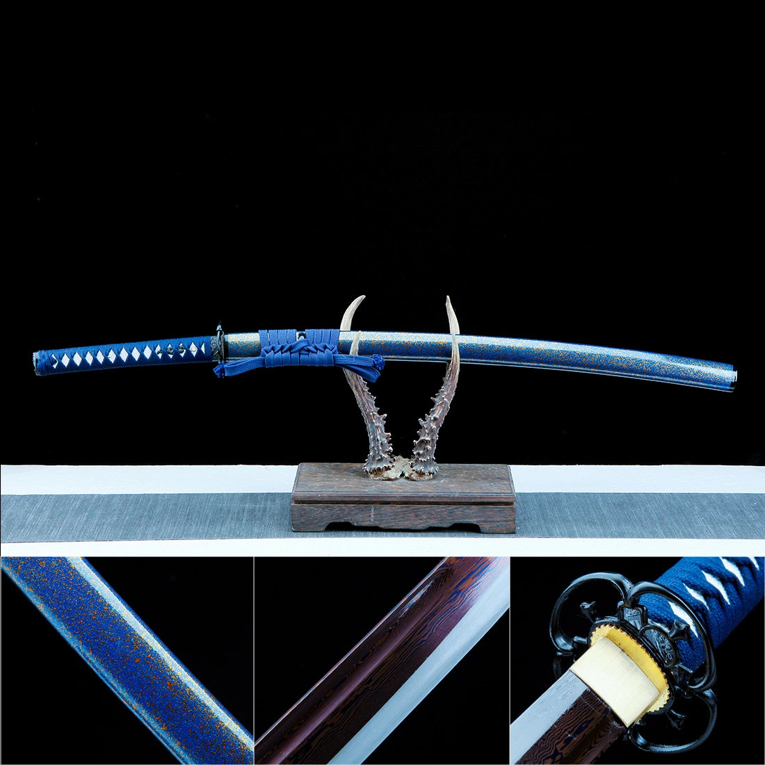 Authentic Japanese Katana Sword – Handmade Red Damascus Pattern Steel Blade – Blue Scabbard
