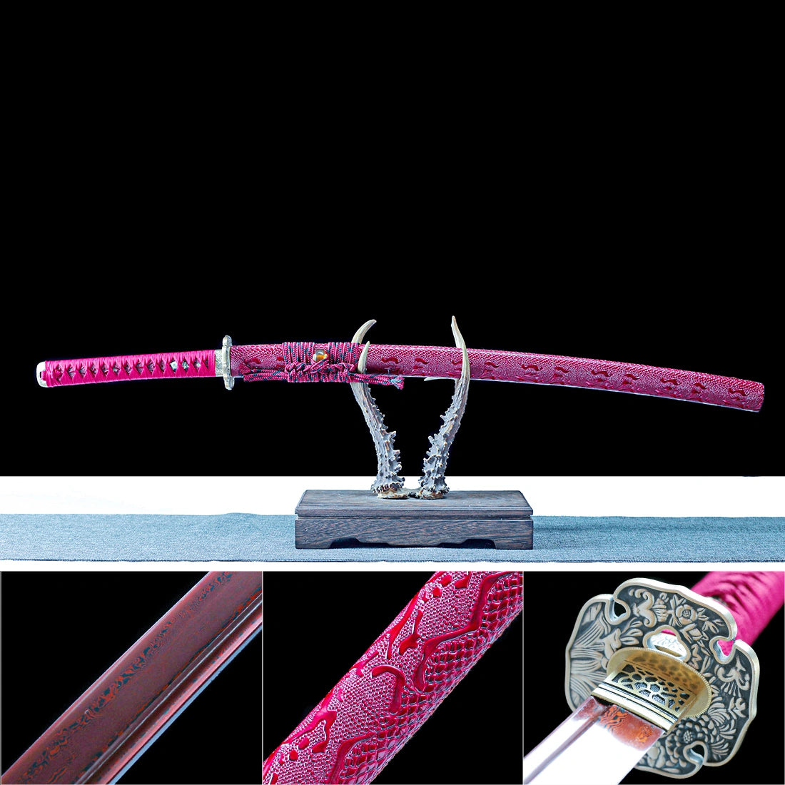 Authentic Japanese Katana – Handmade Red Damascus Pattern Steel Blade