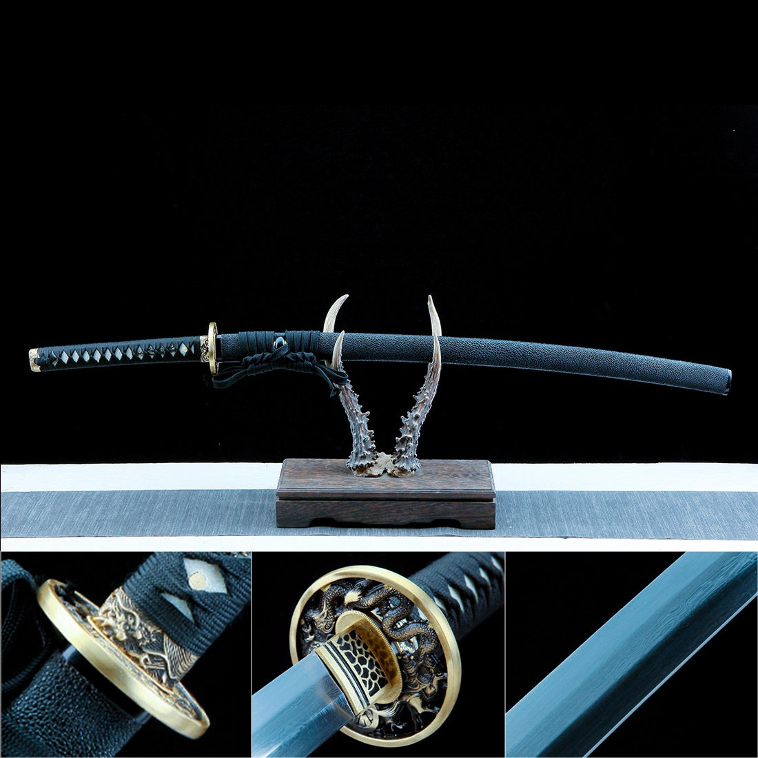 Authentic Katana – Handmade Damascus Pattern Steel Blade – Full Tang – Black – Collector’s Edition