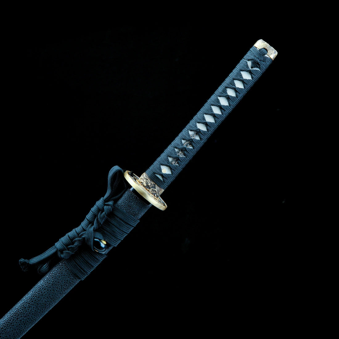 Authentic Katana – Handmade Damascus Pattern Steel Blade – Full Tang – Black – Collector’s Edition