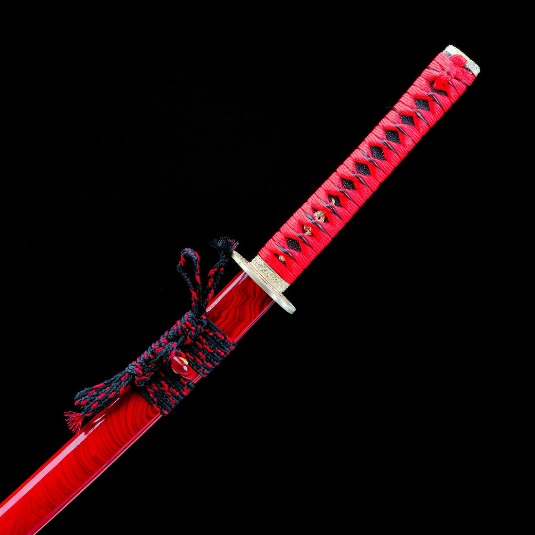 Authentic Katana Sword – T10 Clay Tempering Steel Sawtooth Pattern Blade – Full Tang – Red – Battle Ready