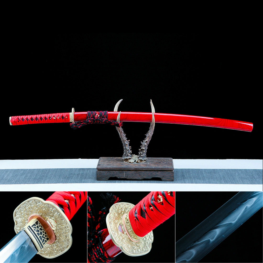 Authentic Katana Sword – T10 Clay Tempering Steel Sawtooth Pattern Blade – Full Tang – Red – Battle Ready