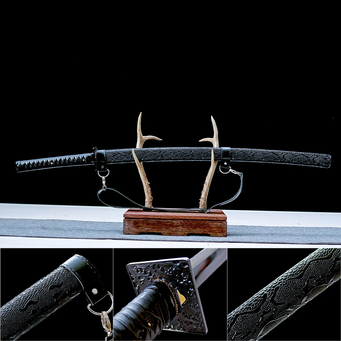 Real Japanese Katana Sword – Handmade 1065 Steel Blade – Black – Back Strap – Premium Quality