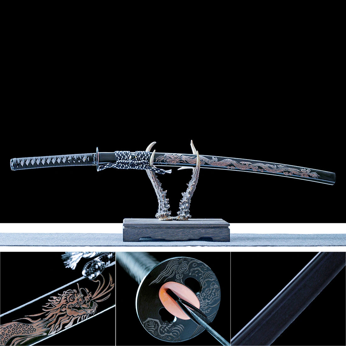 Real Japanese Katana – Handmade Damascus Pattern Steel Blade – Black Scabbard – Battle Ready