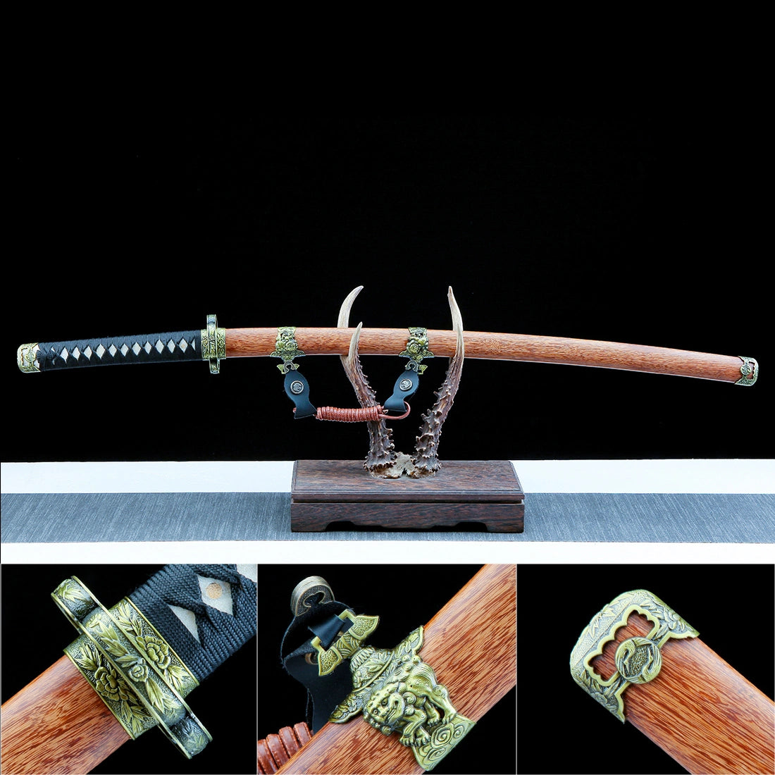 Real Tachi Sword – Damascus Patterned Steel Blade – Natural Solid Wood Saya