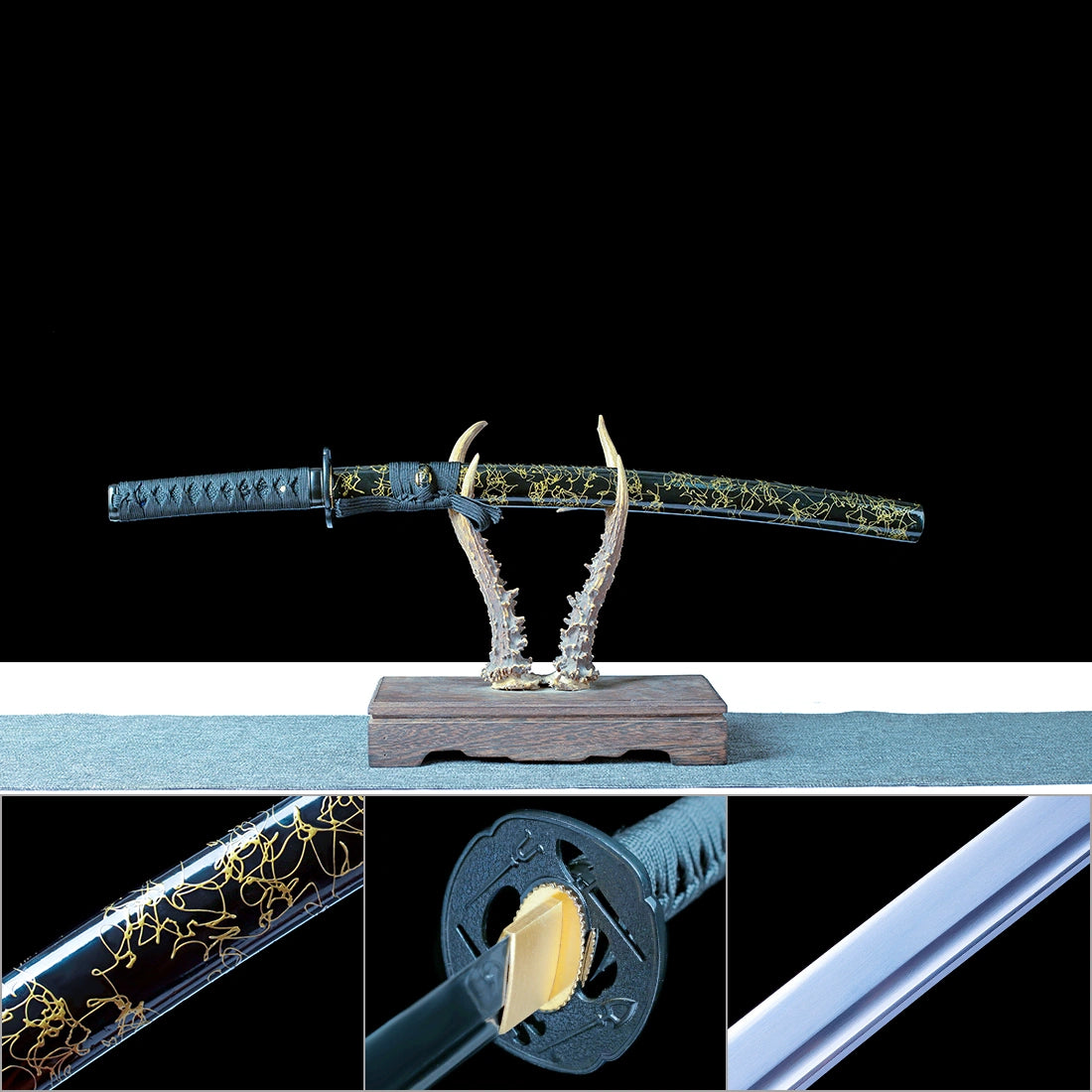 Real Wakizashi Sword – Black Gold-Threaded Scabbard – Hand-Forged 1065 Carbon Steel Blade – High Performance