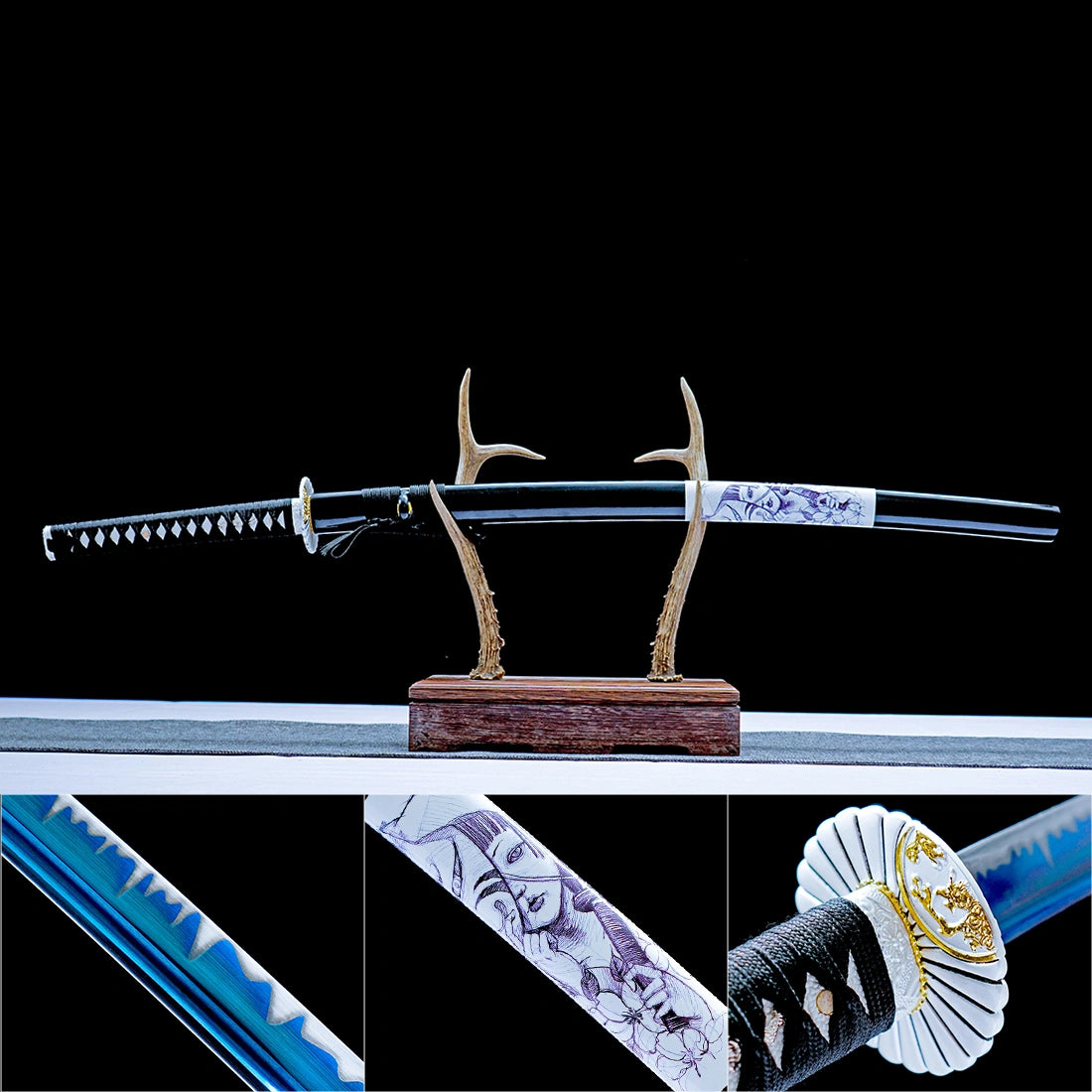True Handmade Katana Sword – Blue 1065 Steel Blade – Black Scabbard – Full Tang