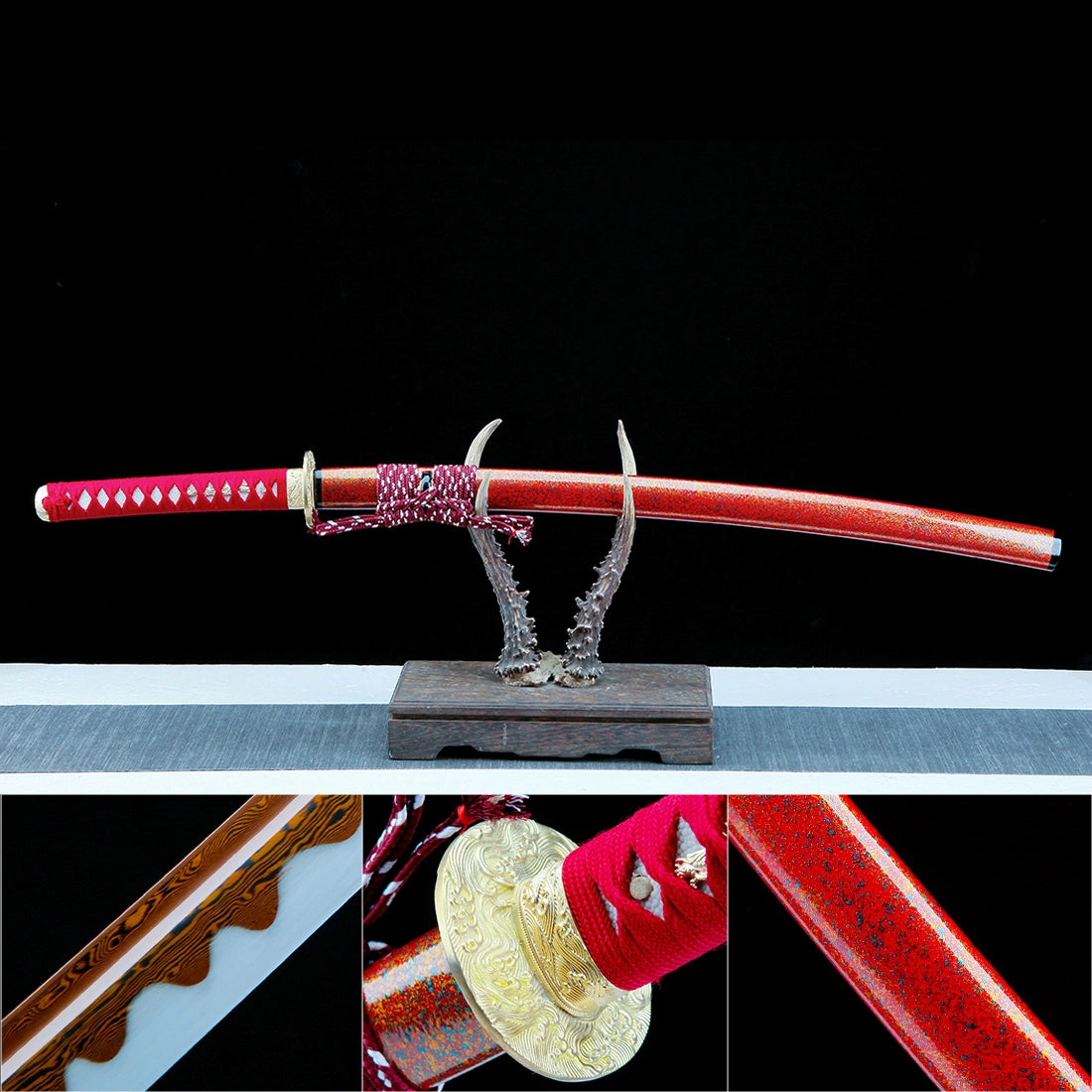 True Katana – Handmade Damascus Pattern Steel Blade – Red – Full Tang – Collector’s Edition