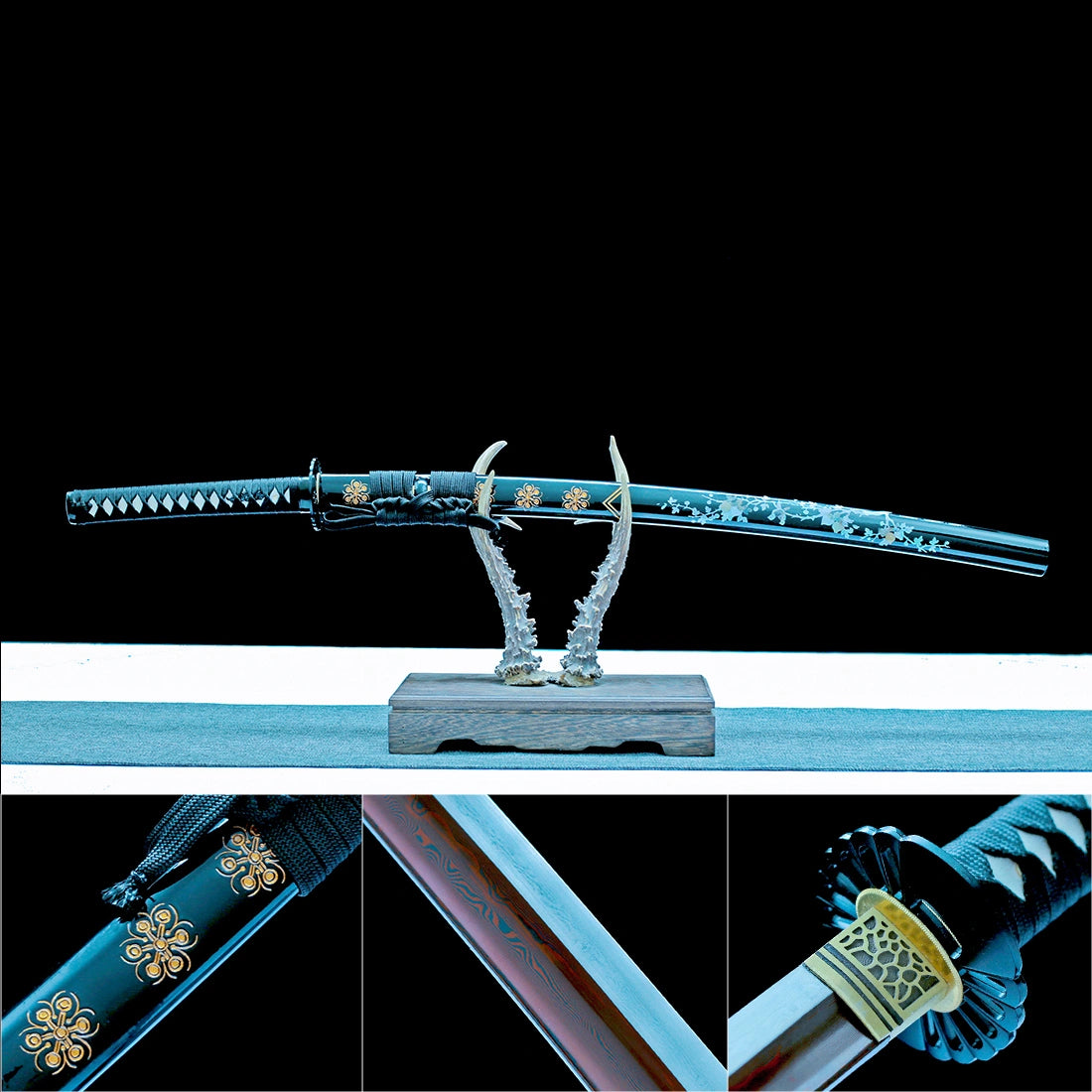 True Katana – Handmade Red Damascus Pattern Steel Blade – Black Scabbard – Full Tang