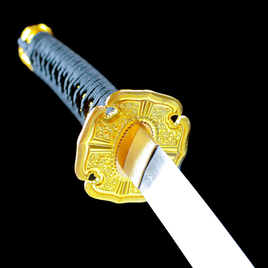 Real Japanese Katana Sword – Damascus Pattern Steel Blade – Full Tang – Black – High Performance