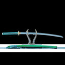 Verdant Thorn katana and green saya displayed horizontally on a sword stand