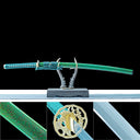 Verdant Thorn Damascus katana displayed with green saya and close-up details