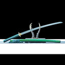Unsheathed layered Damascus katana displayed above its green saya