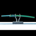 Full Verdant Thorn Damascus katana with green saya in side profile