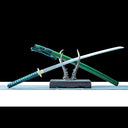 Verdant Thorn katana blade and green saya arranged on a display stand