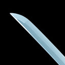 Polished cutting edge and kissaki of the layered Damascus steel blade