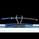 Authentic Japanese Katana Sword – Handmade Red Damascus Pattern Steel Blade – Blue Scabbard