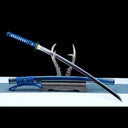 Authentic Japanese Katana Sword – Handmade Red Damascus Pattern Steel Blade – Blue Scabbard