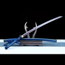 Authentic Japanese Katana Sword – Handmade Red Damascus Pattern Steel Blade – Blue Scabbard