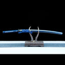 Authentic Japanese Katana Sword – Handmade Red Damascus Pattern Steel Blade – Blue Scabbard