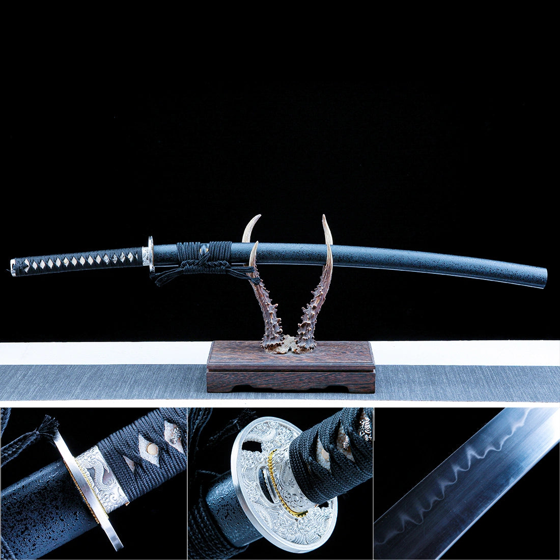 Authentic Katana Sword – Handmade T10 Carbon Steel Blade – Black Scabbard – Full Tang – Collector’s Edition
