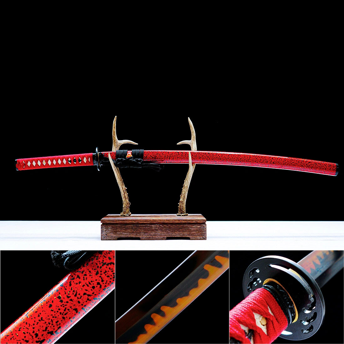 Authentic Katana Sword – Handmade T10 Clay Tempered Edge Blade – Red Scabbard – Full Tang – Collector’s Edition