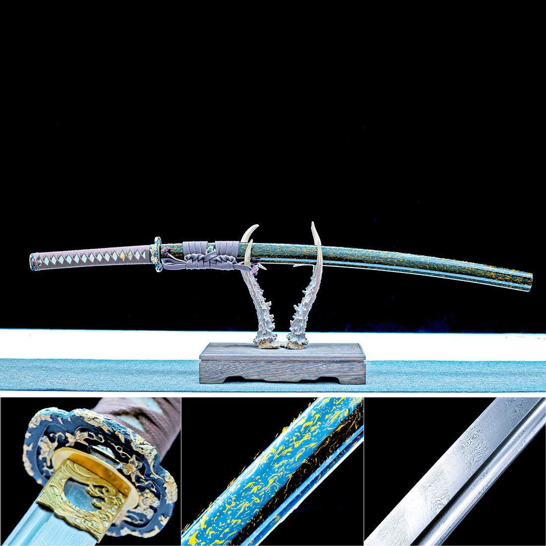 Authentic Katana Sword – High Performance Damascus Pattern Steel Blade – Black Scabbard – Full Tang