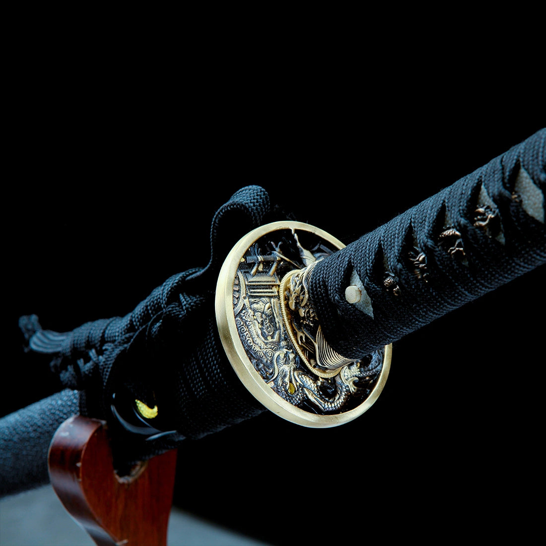 Authentic Katana – Handmade Damascus Pattern Steel Blade – Full Tang – Black – Collector’s Edition