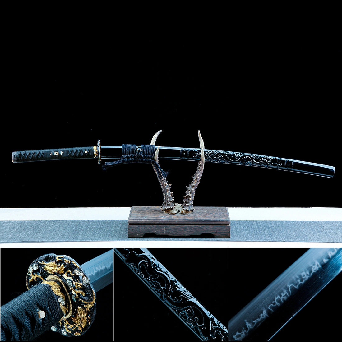 Authentic Katana – Handmade T10 High Carbon Steel Blade – Full Tang – Black Scabbard – Collector’s Edition