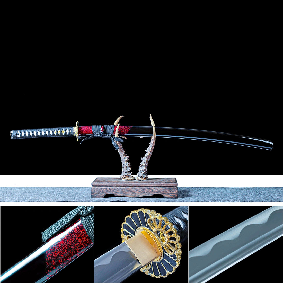 Authentic Katana Sword – Handmade 1060 Carbon Steel Blade – Full Tang – Black Scabbard
