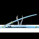 Unsheathed Kiku Ichimonji Norimune katana and saya shown in side profile