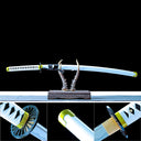 Kiku Ichimonji Norimune katana displayed with saya and close-up fitting details