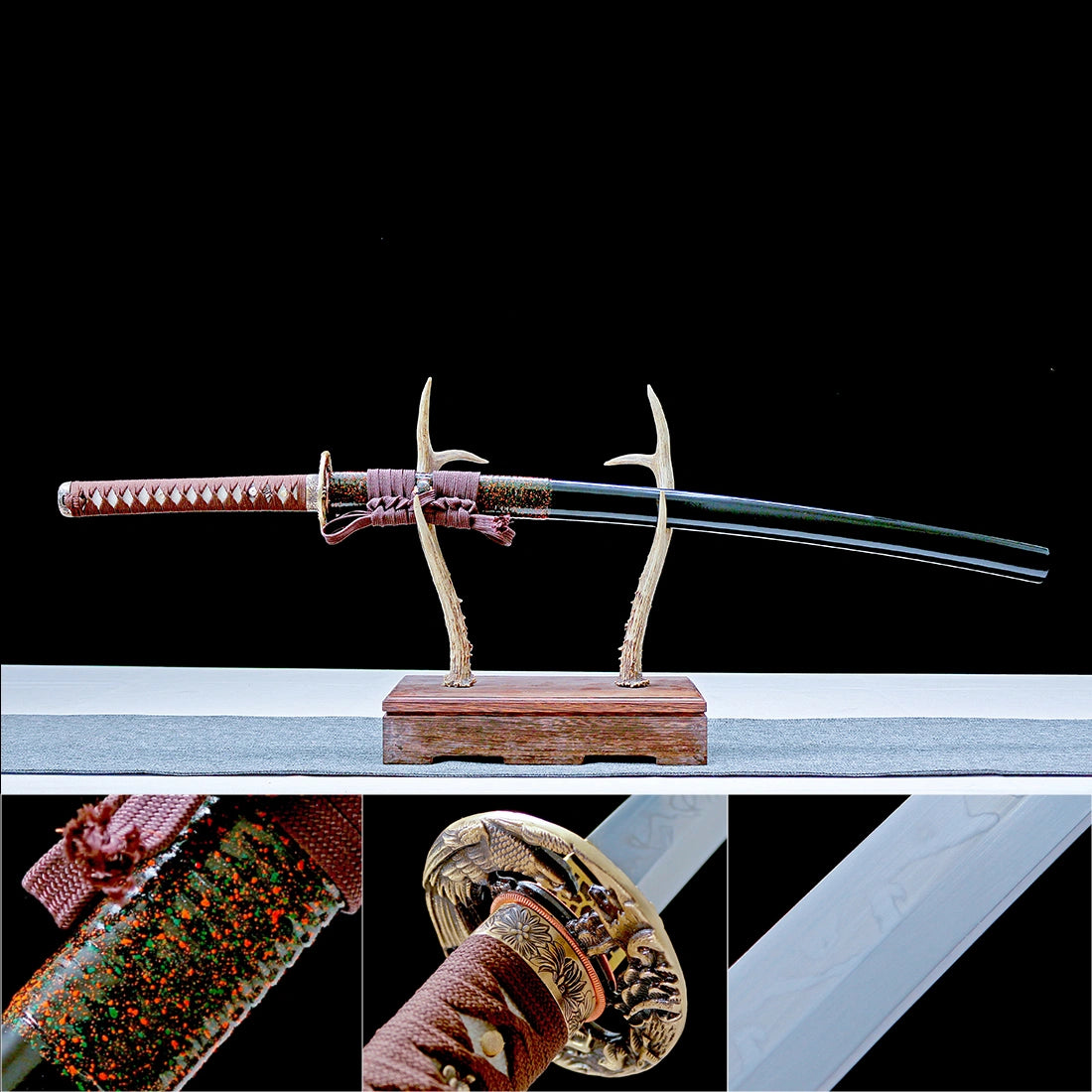 Handmade Katana Sword – Real T10 Steel Clay Tempering Willow Leaf Blade – Black – Full Tang – Battle Ready