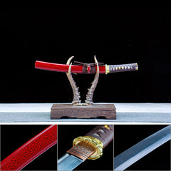 Crimson Inferno Tanto – Red Leather Sheath – 1065 Carbon Steel Blade – Gold Tsuba
