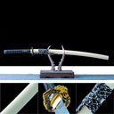 Sylvan Drake 1065 carbon steel katana with natural wood saya and detail views