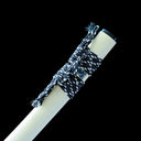 Natural wood saya mouth with patterned protective wrap on Sylvan Drake katana