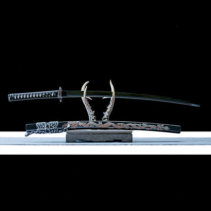 Real Japanese Katana – Handmade Damascus Pattern Steel Blade – Black Scabbard – Battle Ready