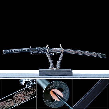 Real Japanese Katana – Handmade Damascus Pattern Steel Blade – Black Scabbard – Battle Ready