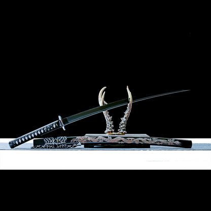 Real Japanese Katana – Handmade Damascus Pattern Steel Blade – Black Scabbard – Battle Ready