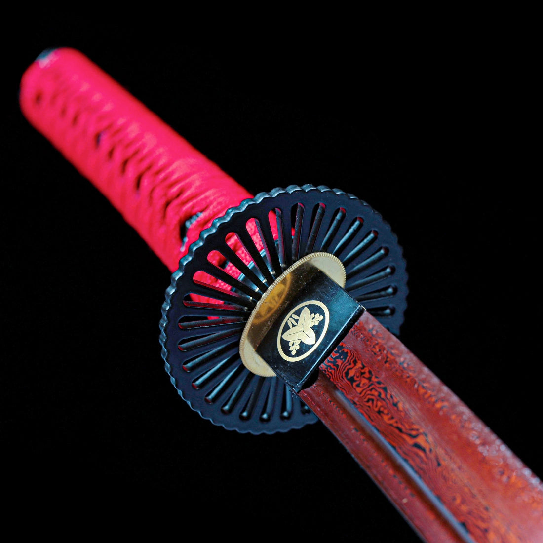 Real Japanese Katana – Handmade Red Damascus Pattern Steel Blade – Full Tang – Red Scabbard – Battle Ready