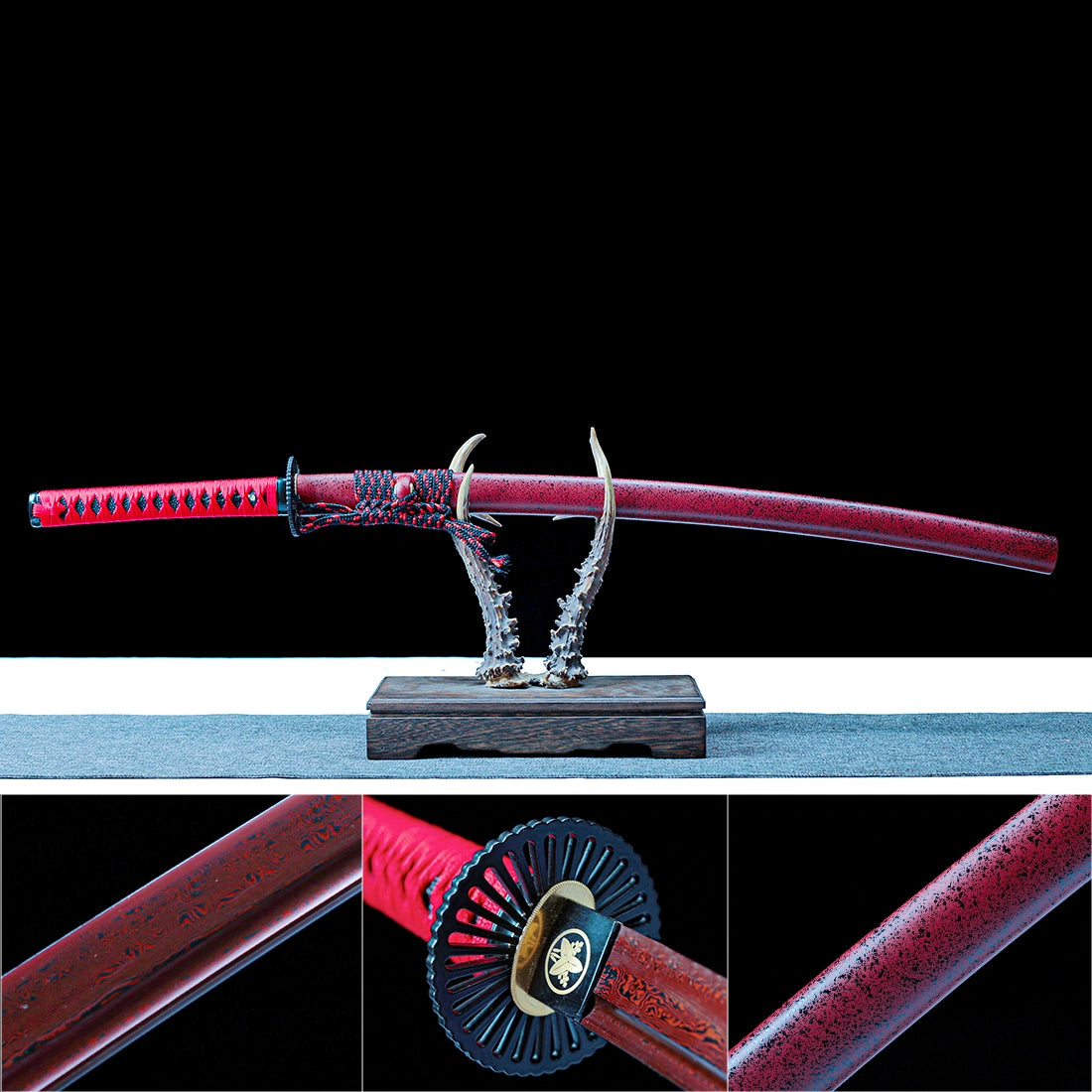Real Japanese Katana – Handmade Red Damascus Pattern Steel Blade – Full Tang – Red Scabbard – Battle Ready