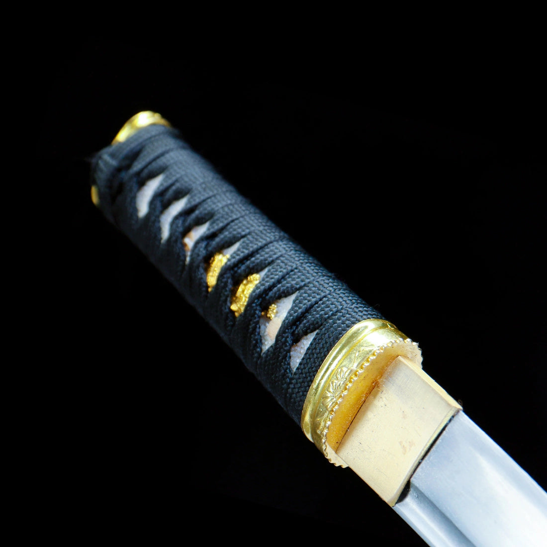 Real Japanese Tanto – Full Black Scabbard – Gold Tsuba – T10 Carbon Steel Blade – Full Tang