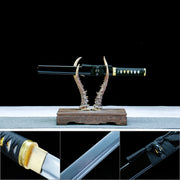 Real Japanese Tanto – Full Black Scabbard – Gold Tsuba – T10 Carbon Steel Blade – Full Tang