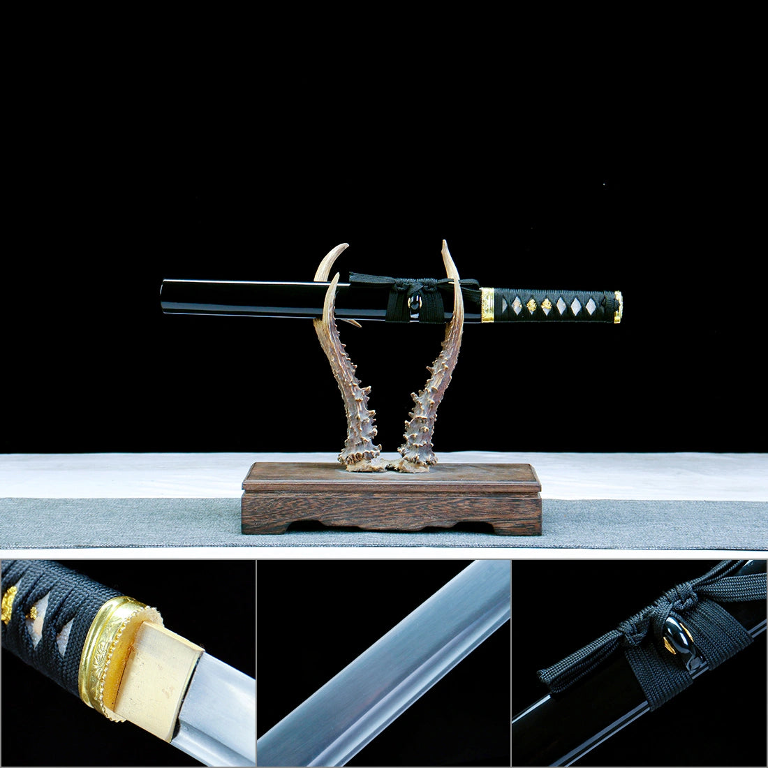 Real Japanese Tanto – Full Black Scabbard – Gold Tsuba – T10 Carbon Steel Blade – Full Tang