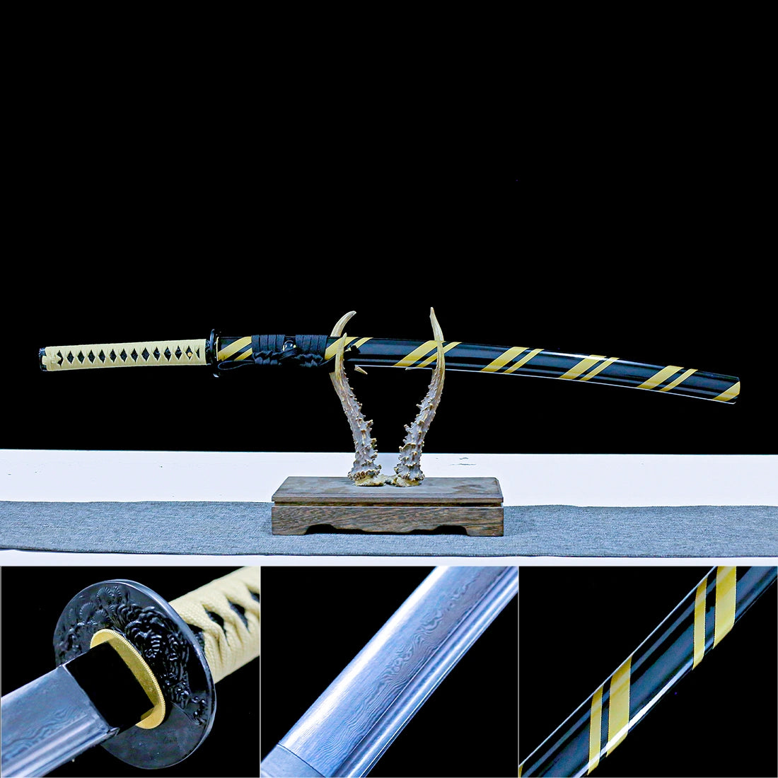 Real Katana Sword – Handmade Black Damascus Pattern Steel Blade – High Performance – Full Tang – Collector’s Edition
