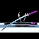 Amethyst Fang katana blade and black lacquered wood saya on a display stand